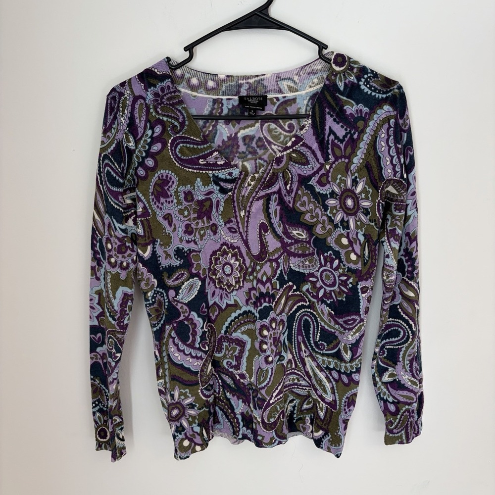 Talbots Small P Merino Sweater Top Merino Wool Paisley Purple Office Work Luxury